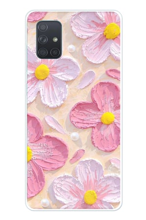 Samsung Galaxy A71 Uyumlu Pembe Beyaz Çiçekler Sulu Boya Baskılı Silikon Kılıf
