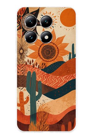 Xiaomi Mi 14T Uyumlu Etnik Güneş ve Mandala Figürlü Toprak Tonları Baskılı Silikon Kılıf