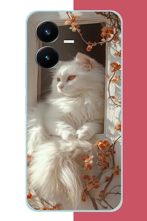 Vivo Y22 Uyumlu penceredeki beyaz kedi Baskılı Silikon Kılıf