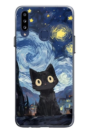 Samsung Galaxy A20S Uyumlu Gece Yarısı Kedi Tasarımlı Baskılı Silikon Kılıf