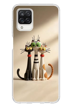 Samsung Galaxy A12 Uyumlu Neşeli Kedi Ailesi Baskılı Silikon Kılıf