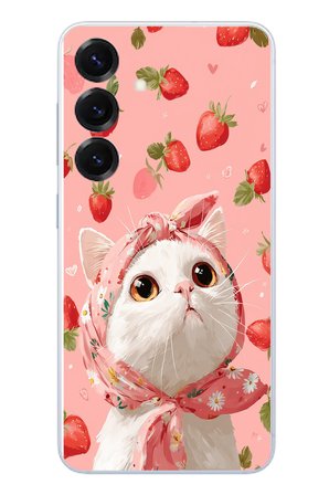 Samsung Galaxy S25 Uyumlu Örtülü Kedi Çilekli Baskılı Silikon Kılıf