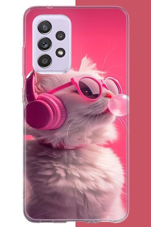 Samsung Galaxy A72 Uyumlu pembe gözlüklü kedi Baskılı Silikon Kılıf