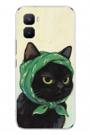 İnfinix GT 50 Pro Uyumlu Babushka Yeşil Başörtülü Siyah Kedi Baskılı Silikon Kılıf
