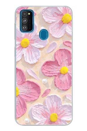 Samsung Galaxy M30S/M21 Uyumlu Pembe Beyaz Çiçekler Sulu Boya Baskılı Silikon Kılıf