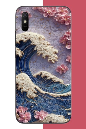 Redmi 9A Uyumlu mavi dalga ve pembe çiçekler Baskılı Silikon Kılıf