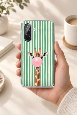 Samsung Galaxy A56 Uyumlu Yeşil Çizgili Sakız Şişiren Zürafa Baskılı Silikon Kılıf