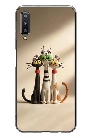 Samsung Galaxy A7 2018 Uyumlu Neşeli Kedi Ailesi Baskılı Silikon Kılıf
