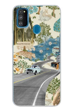 Samsung Galaxy M30S/M21 Uyumlu Yeşil Sanatsal Yol Çiçekler Baskılı Silikon Kılıf