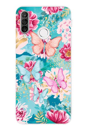 Huawei P30 Lite Uyumlu Kelebekler ve Çiçekler Baskılı Silikon Kılıf