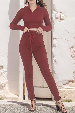 Fermuarlı Crop Takım Bordo  