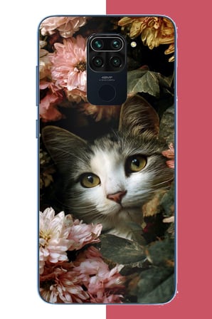 Redmi Note 9 Uyumlu çiçeklere gizlenen kedi Baskılı Silikon Kılıf
