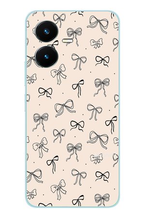 Vivo Y22 Uyumlu Siyah Fiyonk Desenli Krem Rengi Baskılı Silikon Kılıf