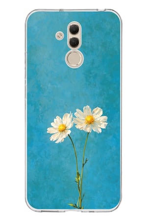 Huawei Mate 20 Lite Uyumlu İki Beyaz Çiçek Tasarımlı Turkuaz Baskılı Silikon Kılıf
