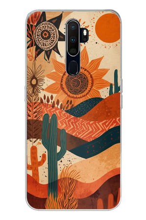 Oppo A5/A9 2020  Uyumlu Etnik Güneş ve Mandala Figürlü Toprak Tonları Baskılı Silikon Kılıf