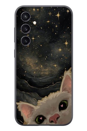 Samsung Galaxy S23 Uyumlu Siyah Gökyüzülü Kedi Baskılı Silikon Kılıf