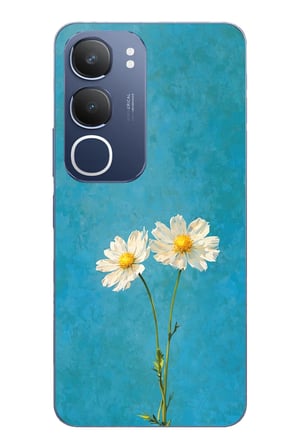 Vivo Y19s Uyumlu İki Beyaz Çiçek Tasarımlı Turkuaz Baskılı Silikon Kılıf
