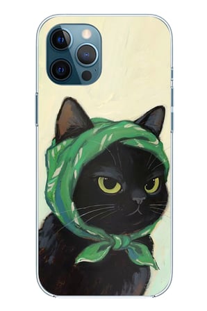 iPhone 12 PRO MAX Uyumlu Babushka Yeşil Başörtülü Siyah Kedi Baskılı Silikon Kılıf