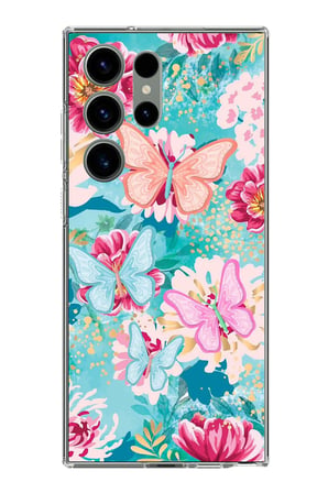Samsung Galaxy S23 ULTRA Uyumlu Kelebekler ve Çiçekler Baskılı Silikon Kılıf