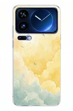 Xiaomi 17 Pro Max Uyumlu Sarı ve Yeşil Tonlu Bulut ve Kuşlar Baskılı Silikon Kılıf