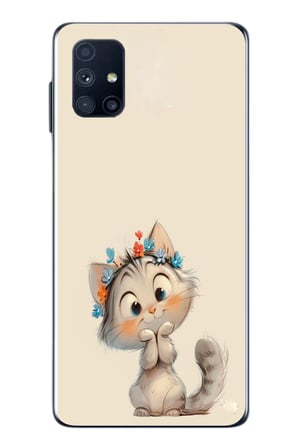 Samsung Galaxy M51 Uyumlu Sevimli Çiçekli Kedi Baskılı Silikon Kılıf