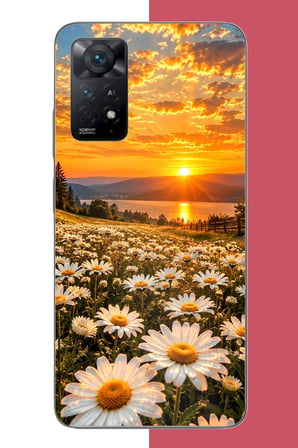 Redmi Note 11E Uyumlu Papatya Tarlasında Gün Batımı Baskılı Silikon Kılıf