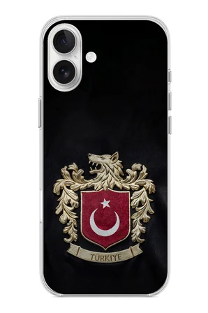 iPhone 16 PLUS Uyumlu Türk Sembolü Kurt ve Bayrak Desenli Baskılı Silikon Kılıf