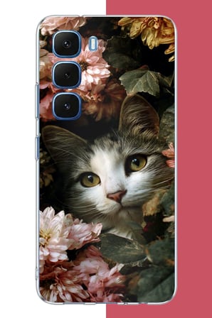 Infinix Hot 60-60i Uyumlu çiçeklere gizlenen kedi Baskılı Silikon Kılıf