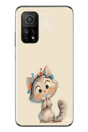Xiaomi Mi 10 T Uyumlu Sevimli Çiçekli Kedi Baskılı Silikon Kılıf