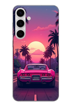 Samsung Galaxy S24 FE Uyumlu Palmiye Neon Pembe Araba Baskılı Silikon Kılıf