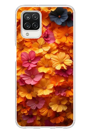 Samsung Galaxy A12 Uyumlu Sarı Pembe Çiçekler Baskılı Silikon Kılıf