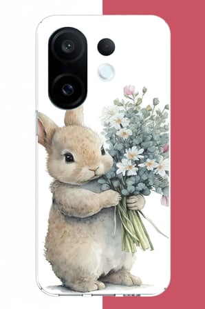 Vivo X200 FE Uyumlu çiçek tutan tavşan.jpeg Baskılı Silikon Kılıf