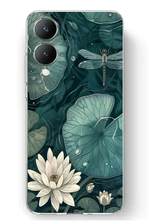 Vivo Y17s Uyumlu Yeşil Yapraklı Nilüfer ve Yusufçuk Baskılı Silikon Kılıf
