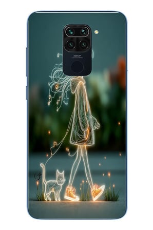 Redmi Note 9 Uyumlu Kedili Neon Kız Baskılı Silikon Kılıf