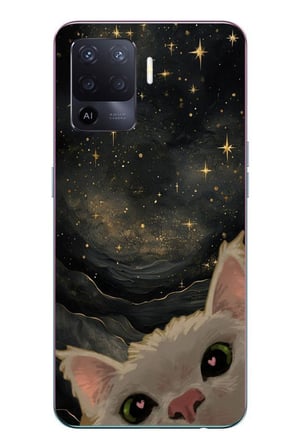 Oppo Reno 5 Lite Uyumlu Siyah Gökyüzülü Kedi Baskılı Silikon Kılıf