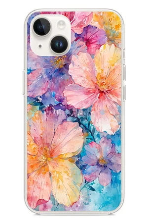 iPhone 13-14 Uyumlu Renkli Çiçekler Sulu Boya Baskılı Silikon Kılıf