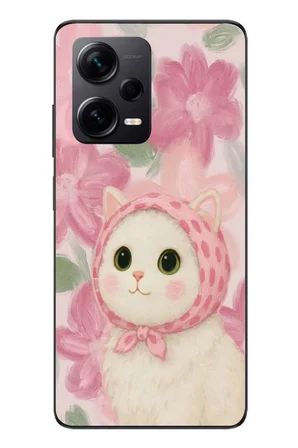Redmi Note 12 Pro Plus Uyumlu Pembe Örtülü Kedi Baskılı Silikon Kılıf