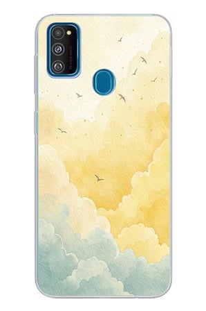 Samsung Galaxy M30S/M21 Uyumlu Sarı ve Yeşil Tonlu Bulut ve Kuşlar Baskılı Silikon Kılıf
