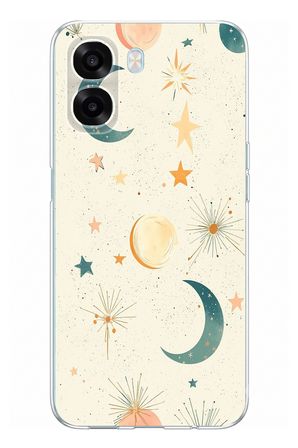 Oppo A6T - A6X Uyumlu Krem Zeminli Ay ve Yıldız Baskılı Silikon Kılıf