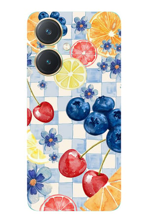 Vivo Y27 Uyumlu Sulu Boya Meyve ve Çiçek Desenli Baskılı Silikon Kılıf