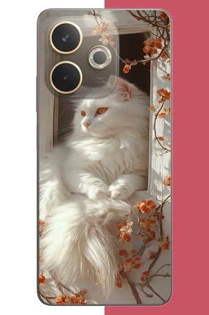 Oppo A5 Pro Uyumlu penceredeki beyaz kedi Baskılı Silikon Kılıf