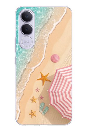 Vivo V70 FE Uyumlu Pembe Şemsiyeli Sahil Baskılı Silikon Kılıf