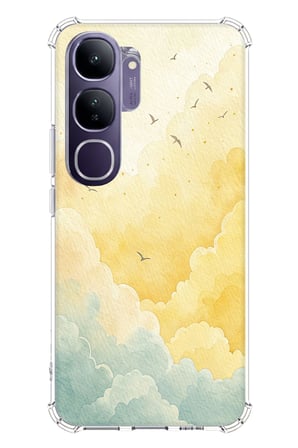 Vivo V40 Lite Uyumlu Sarı ve Yeşil Tonlu Bulut ve Kuşlar Baskılı Silikon Kılıf