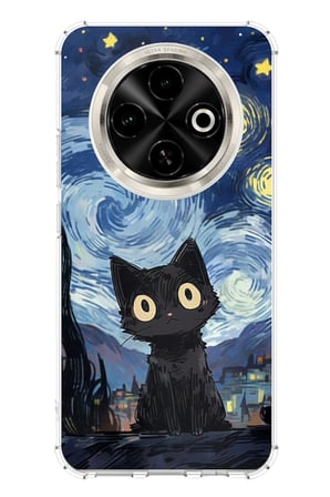 Tecno Spark 30C Uyumlu Gece Yarısı Kedi Tasarımlı Baskılı Silikon Kılıf