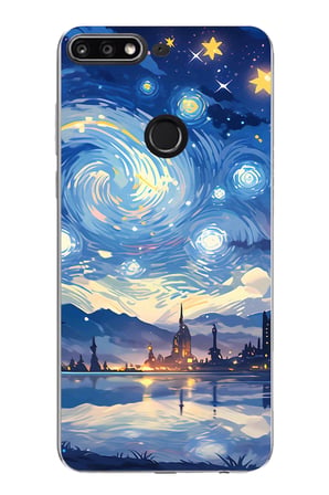 Huawei Y7 2018 - Honor 7C Uyumlu Yıldızlı Gökyüzü ve Şehir Silüeti Baskılı Silikon Kılıf