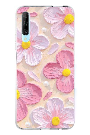 Huawei P Smart PRO Uyumlu Pembe Beyaz Çiçekler Sulu Boya Baskılı Silikon Kılıf