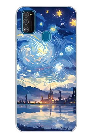 Samsung Galaxy M30S/M21 Uyumlu Yıldızlı Gökyüzü ve Şehir Silüeti Baskılı Silikon Kılıf