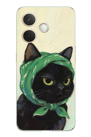Oppo A5 Pro Uyumlu Babushka Yeşil Başörtülü Siyah Kedi Baskılı Silikon Kılıf