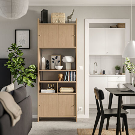 Sürgü kapaklı saklama kombinasyonu, meşe görünümlü, 81x35x212 cm, 1 raflı, 1 ek raflı