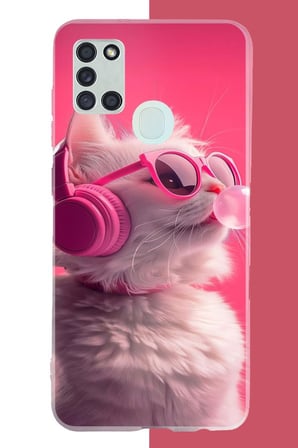 Samsung Galaxy A21S Uyumlu pembe gözlüklü kedi Baskılı Silikon Kılıf